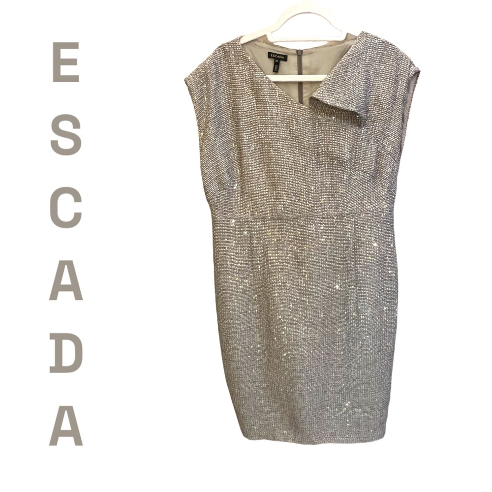 Escada Couture Sequin Cocktail Dress in Platinum Euro Size 46 US 16/XL